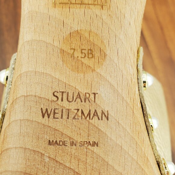 Stuart Weitzman Clog Sandals Women's 7.5 B Metallic Leather Faux Pearl Stud Heel - Picture 9 of 11